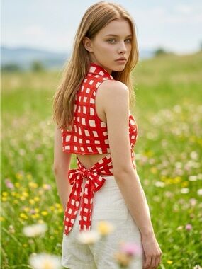 NWT Anthropologie/ Revolve Simon Miller Red Checkered Tie-Back Crop Top Medium